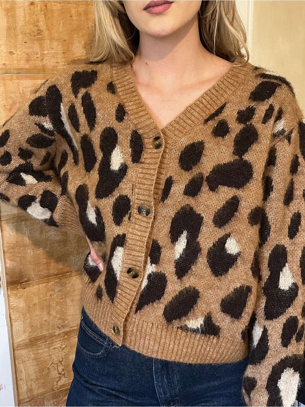 Leopard Print V-Neck Button Cardigan Sweater - Brown
